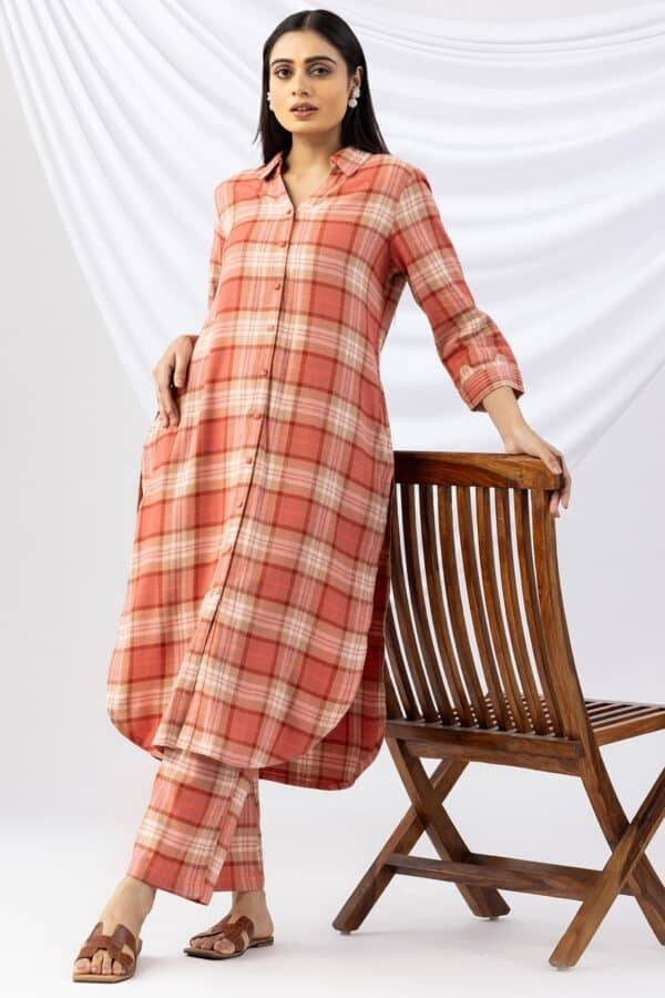 Checked Rust Brush Rayon Twill Collared Winter Kurti