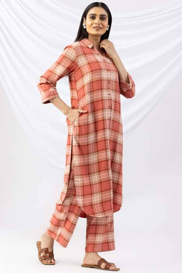Checked Rust Brush Rayon Twill Collared Winter Kurti