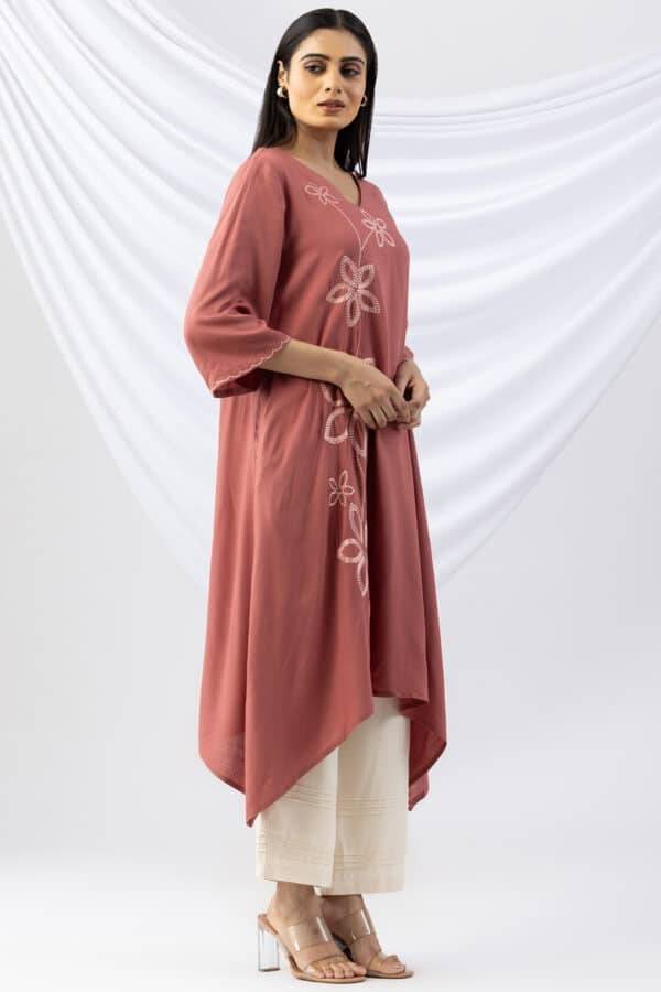 Peach Embroidered Rayon Slub Kurti