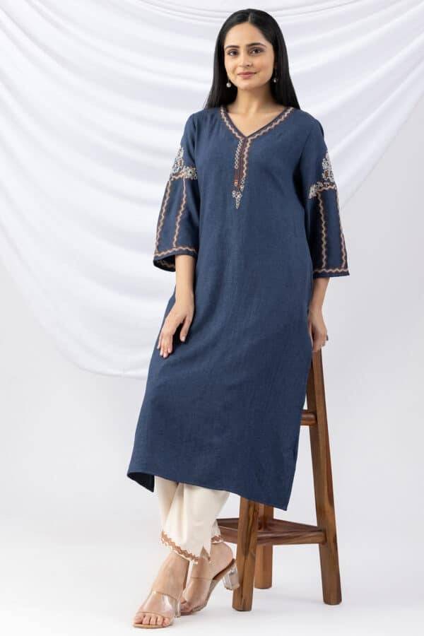 Embroidered Navy Wool Linen Twill Winter Kurti