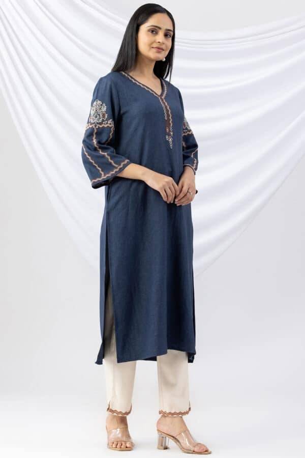 Embroidered Navy Wool Linen Twill Winter Kurti