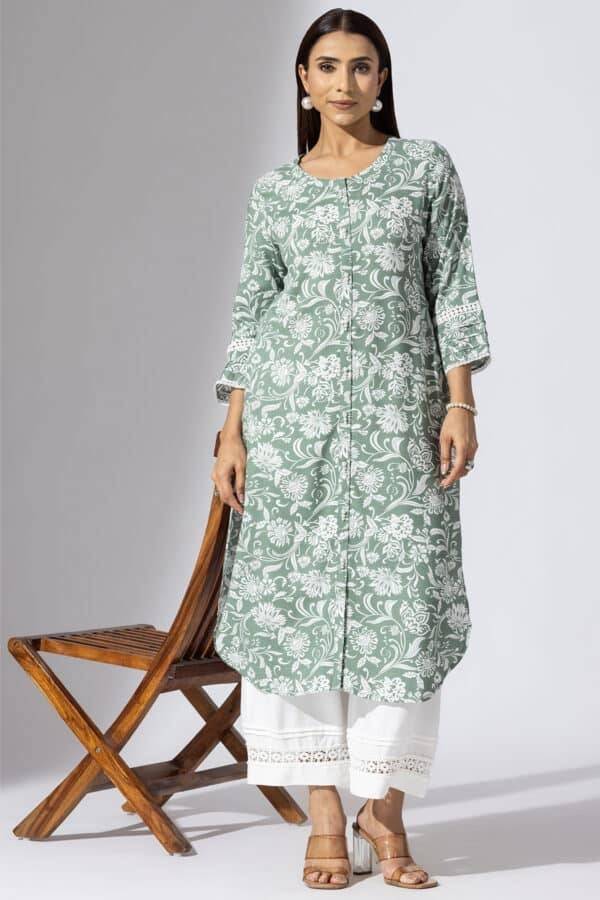 Green Printed Viscose Slub Kurti
