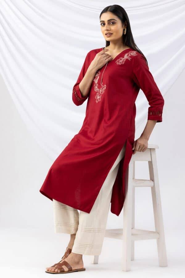 Red Embroidered Viscose Twill Winter Kurti