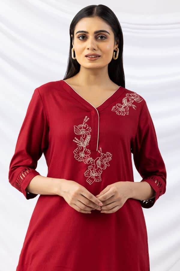 Red Embroidered Viscose Twill Winter Kurti