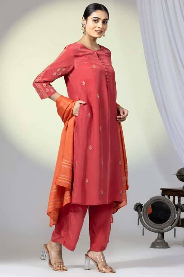Embellished Red Natural Crepe Ensemble Kurti
