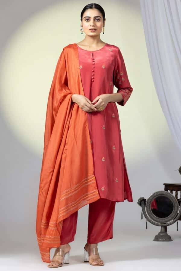 Embellished Red Natural Crepe Ensemble Kurti