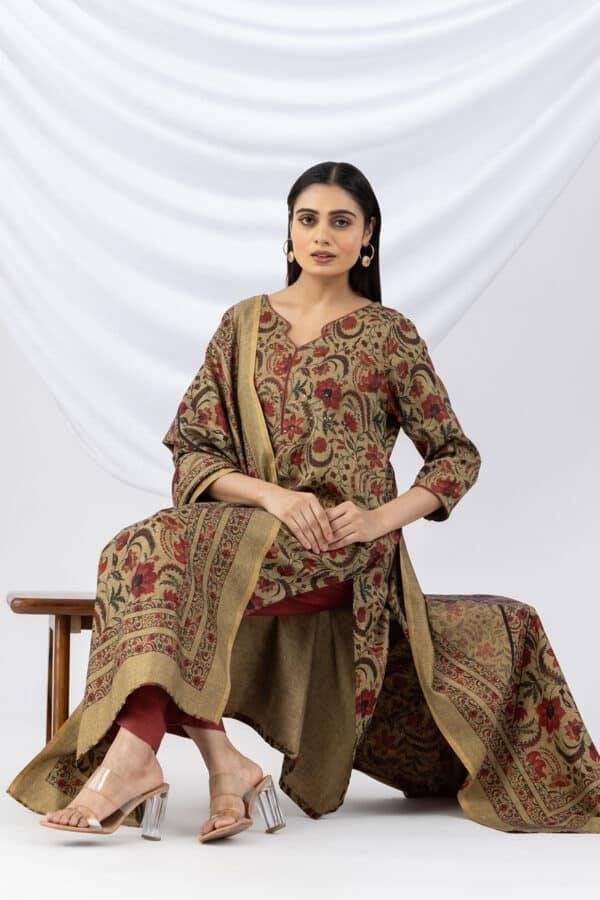 Printed Khaki Pashmina Winter Kurti