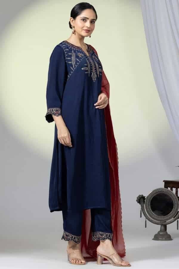 Navy Viscose Satin Embellished Kurti with 3/4th Sleeves