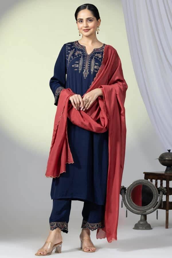 Red Embellished Organza Viscose Dupatta