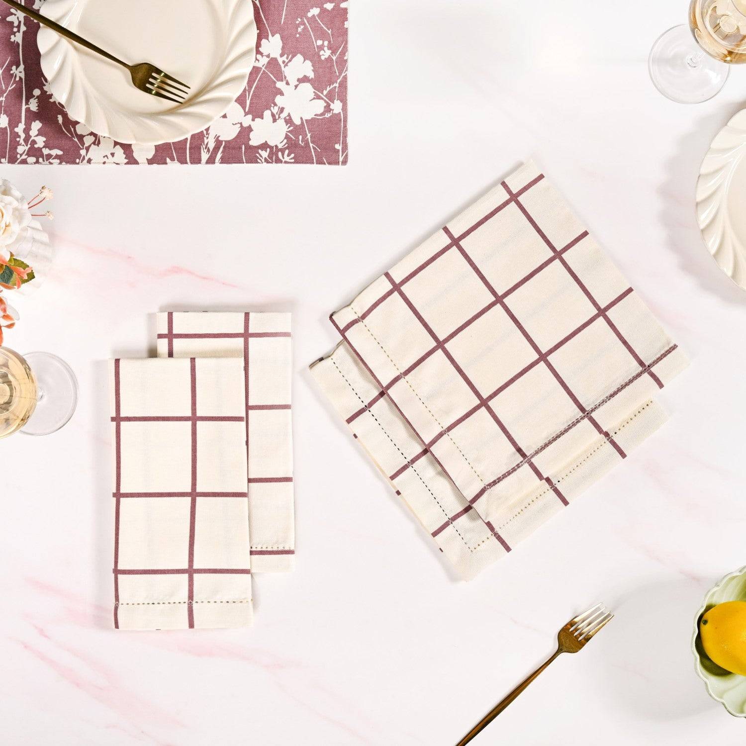 Mauve Grid Cotton Table Napkin Set Of 4 buy only at ₹695