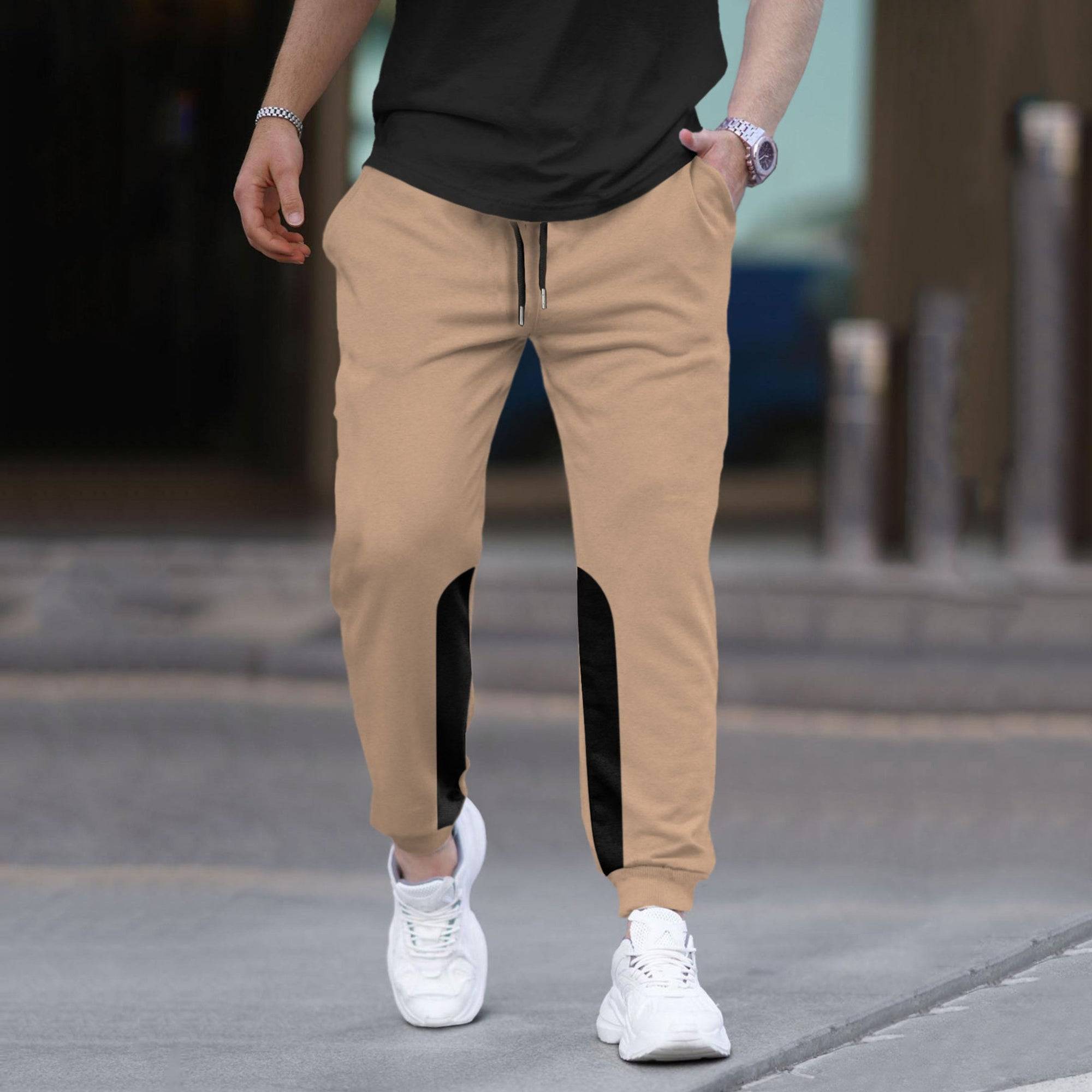 Men Plain Ankle Fit Cuffed Beige Jogger