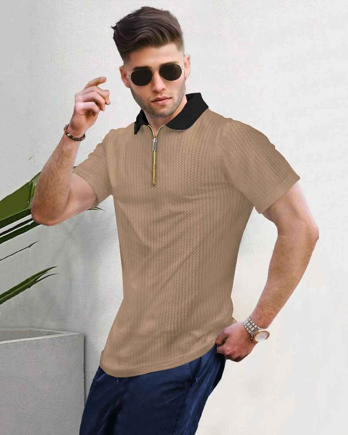 Men Half Sleeve Plain Beige & Black Textured Waffle T-Shirt