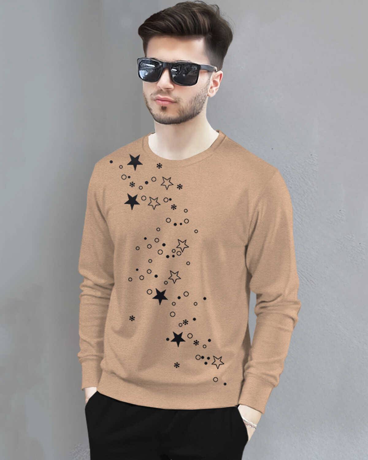 Men Full Sleeve Star Printed Beige Round Neck T-Shirt