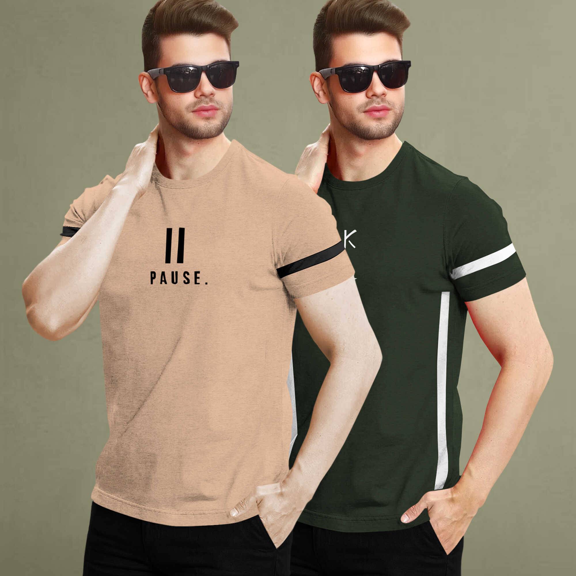 Combo pack Half Sleeve Printed T-shirts beige and olive green