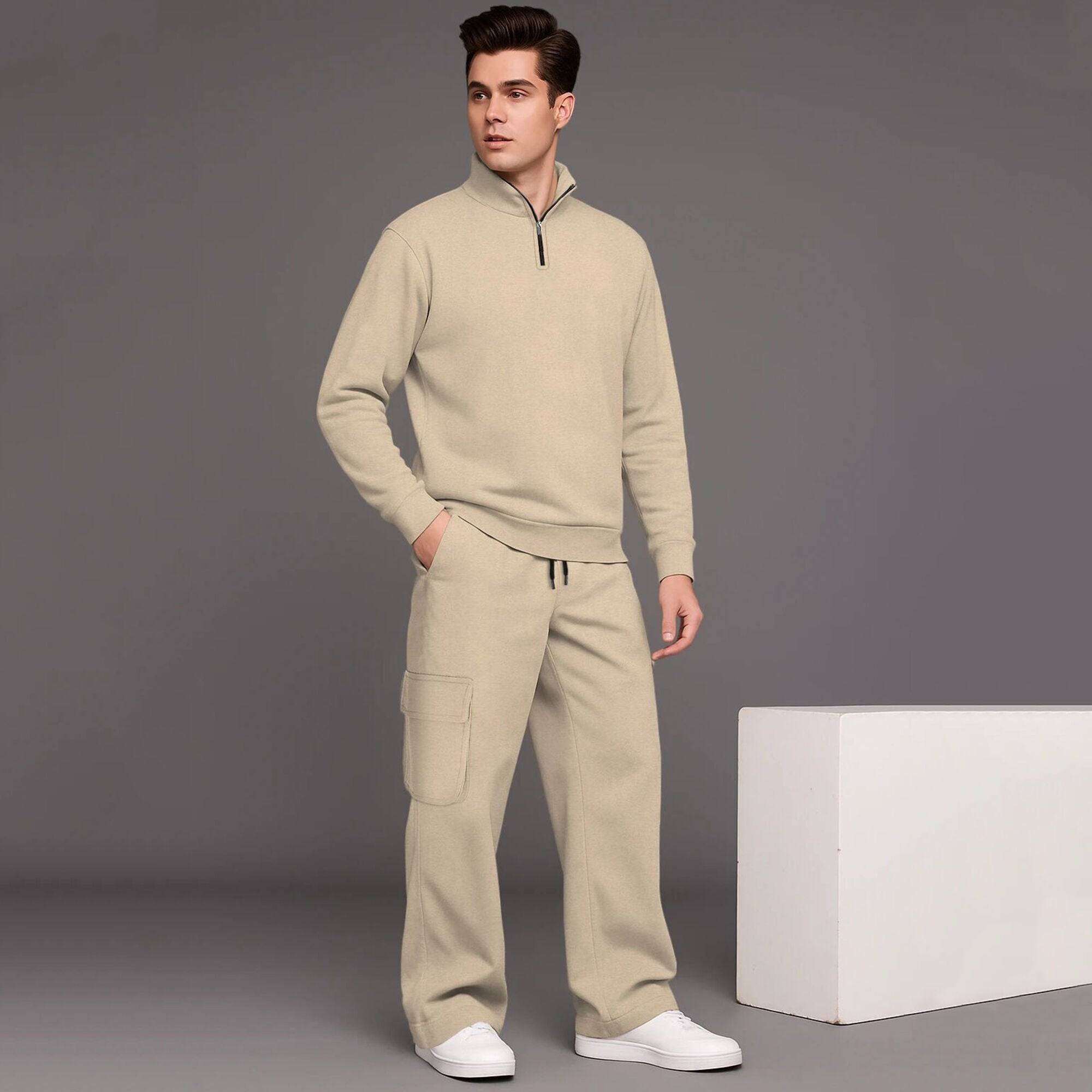 Beige High Neck Sweatshirt & baggy Cargo Tracksuit
