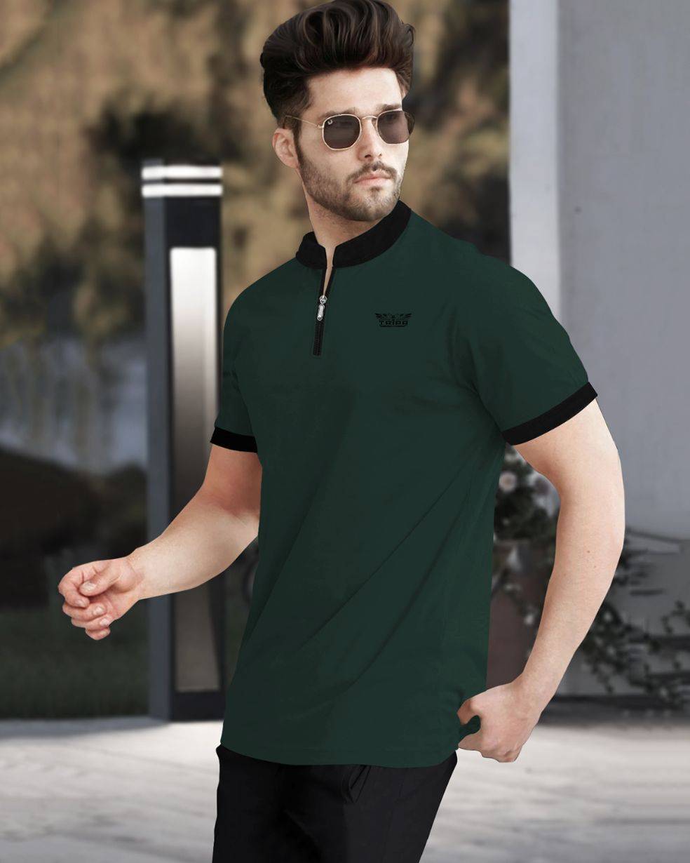 Men Beach Green V-neck Half Sleeve Zip Black Piping T-shirt