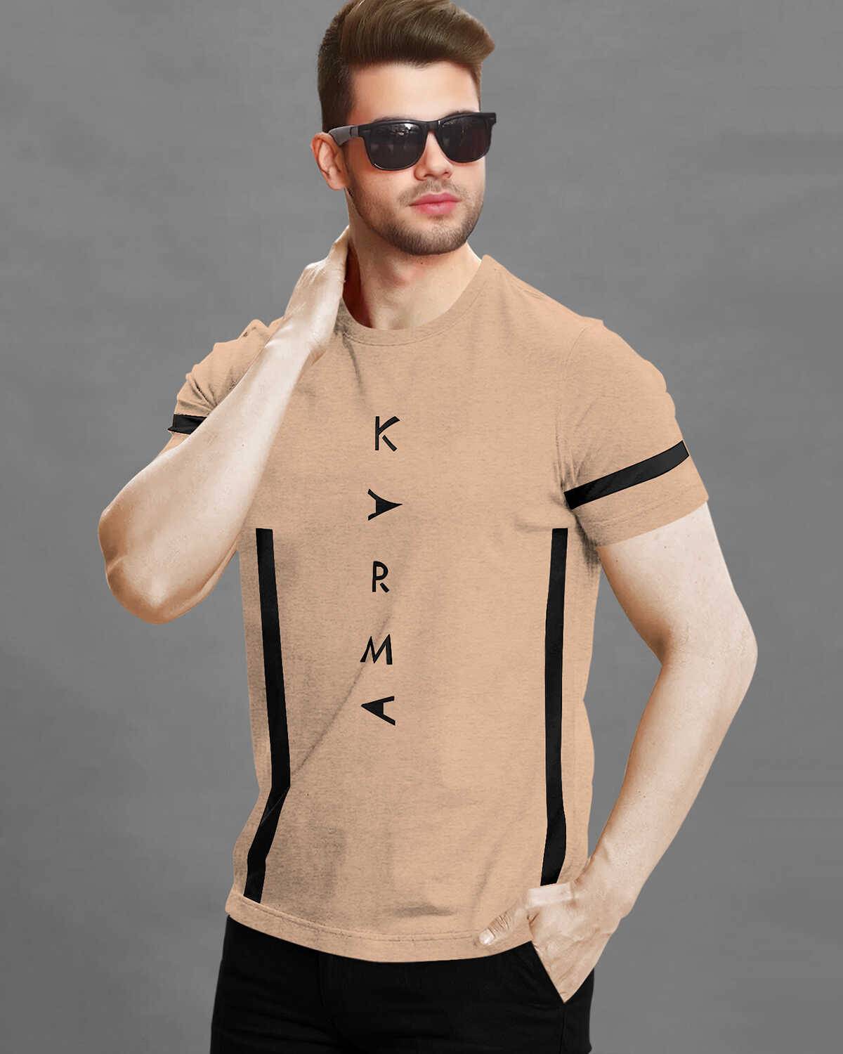 Men Printed Half Sleeve Round Neck Beige Cotton Blend T-Shirt