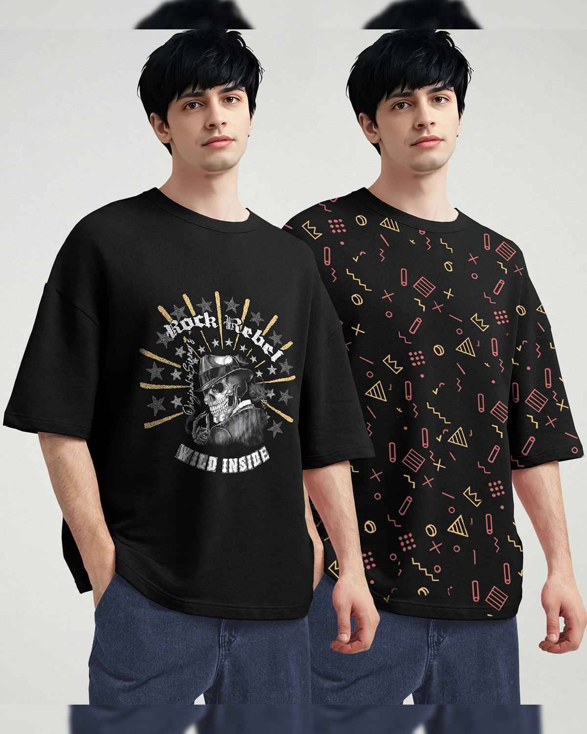 (Pack Of 2) Men Printed Oversized T-shirts Black