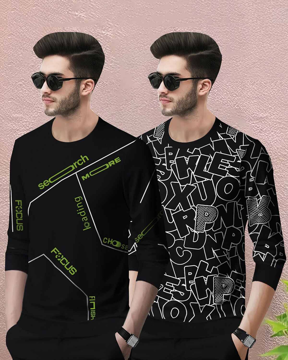(Pack Of 2) All Over Black & Grey Printed T-shirts