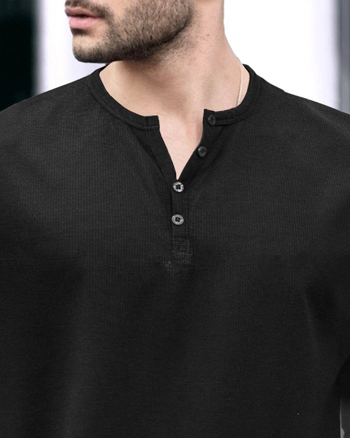Half Sleeve Henley Neck Plain Black T-shirt