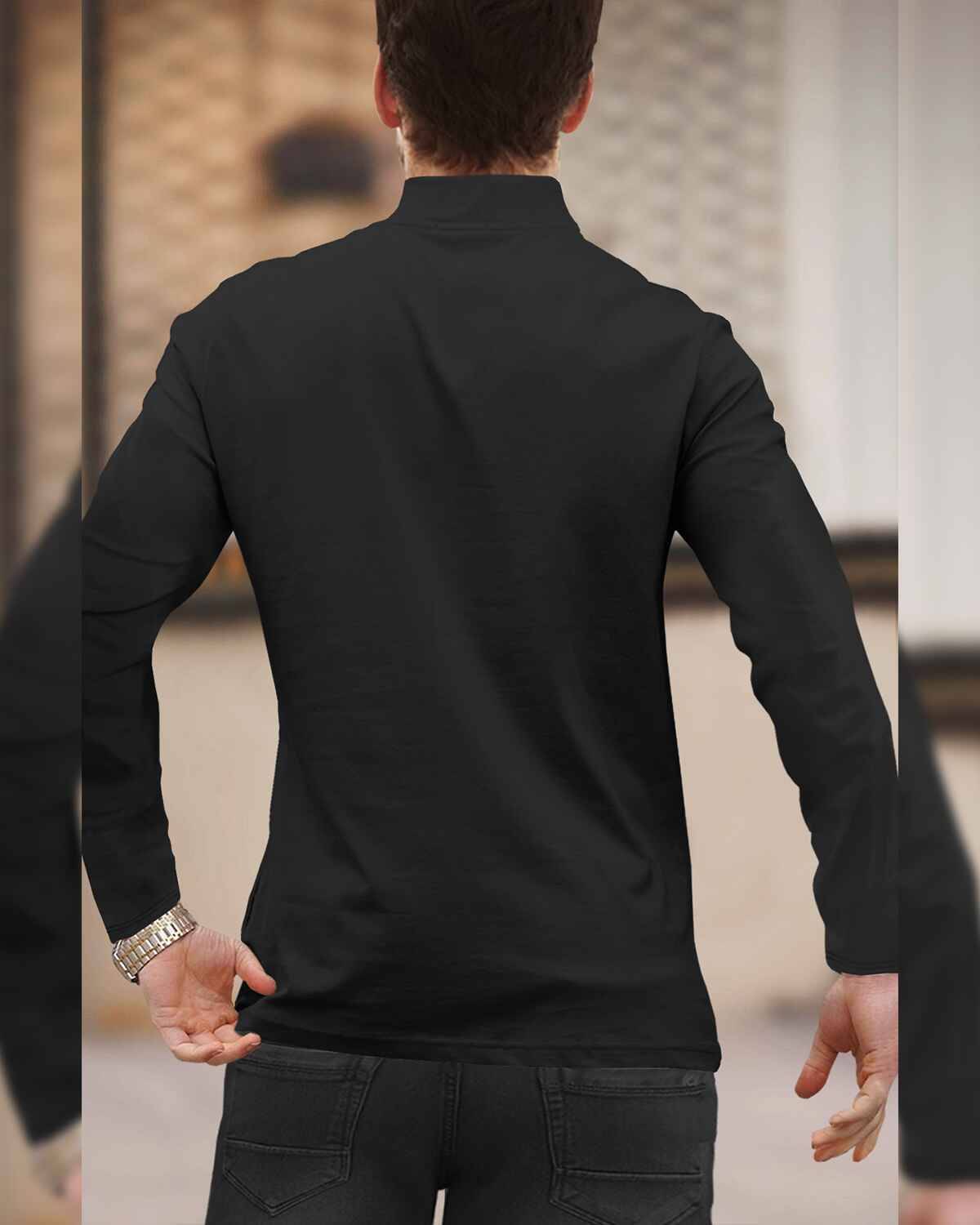 Men High Neck Zipper Full Sleeve Black T-Shirt
