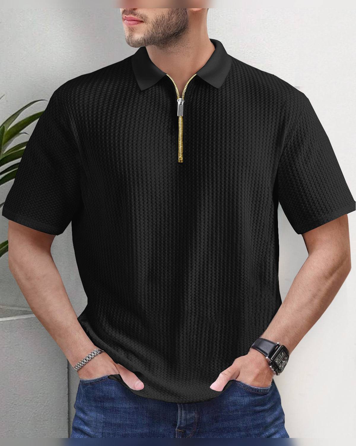 Mens Half Sleeve Zipper Polo Fit Waffle Black T-shirt
