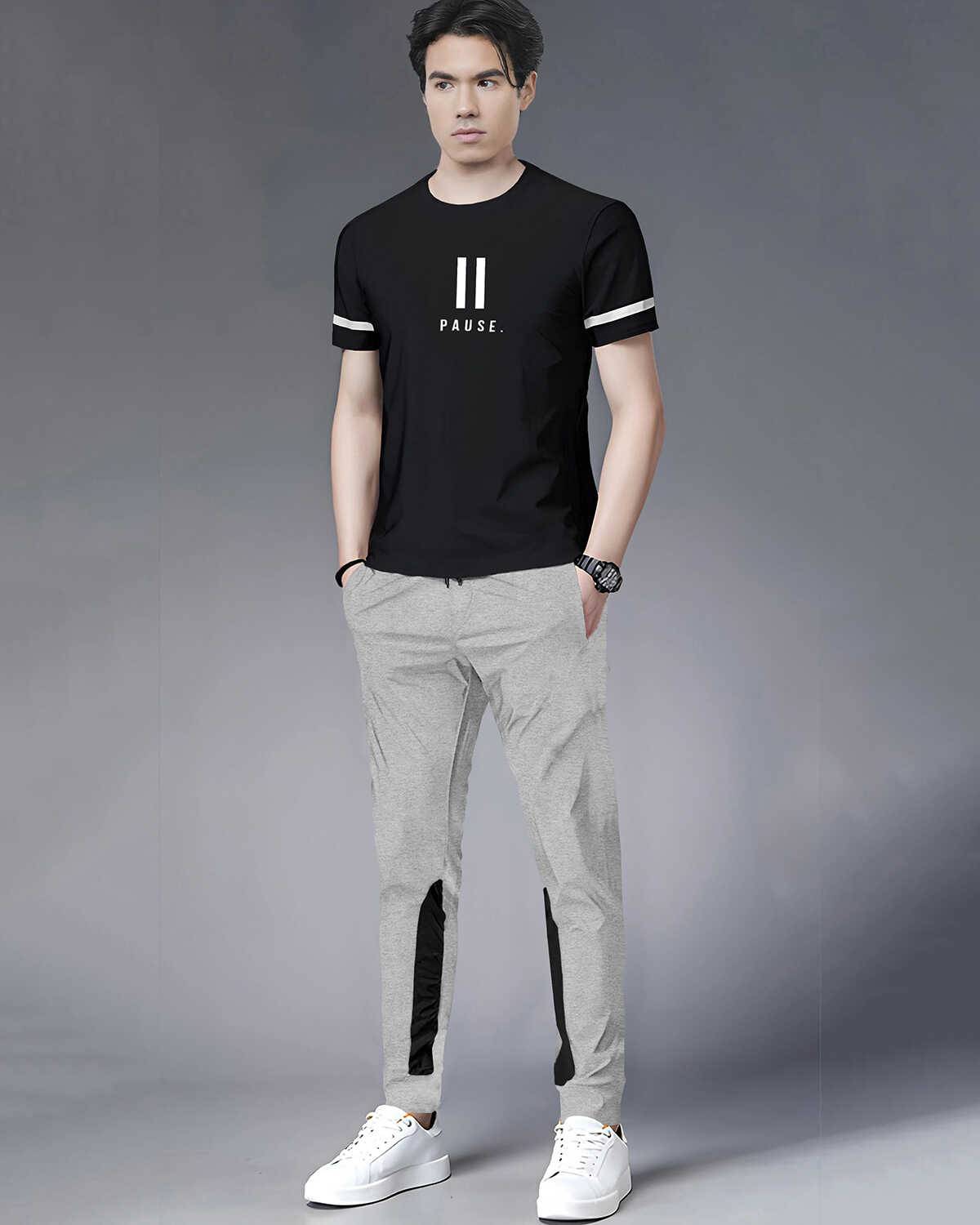 Tracksuit For Men Half Sleeve Black Printed T-shirt with Grey Colorblock Trackpant