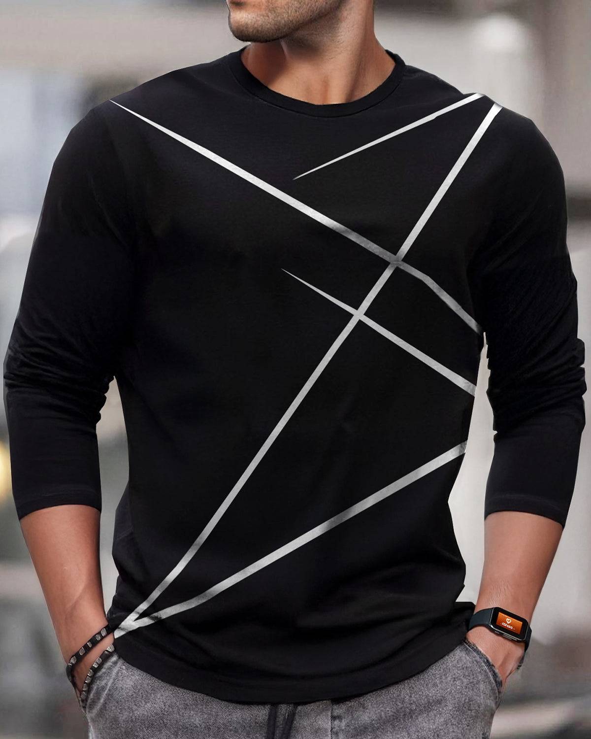 Round Neck Full Sleeve Zig Zag Printed Black T-shirt