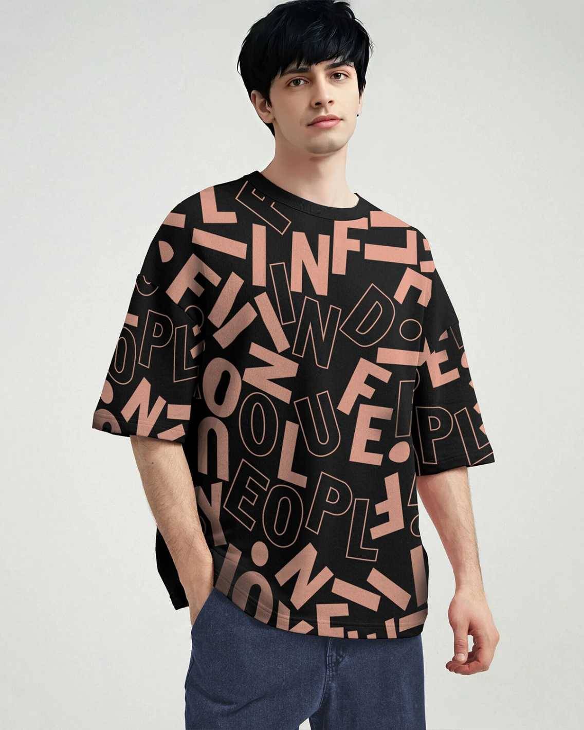 Men Over All Printed Black Over Size T-shirt