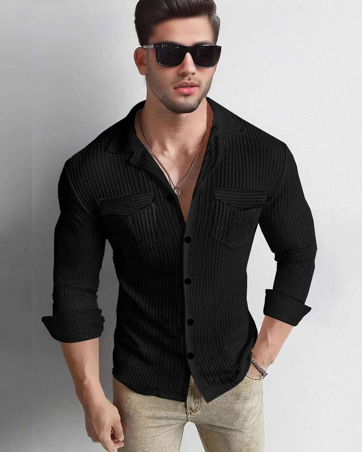 Men Full Sleeve Double Pocket Waffle Textrued Shirt Black