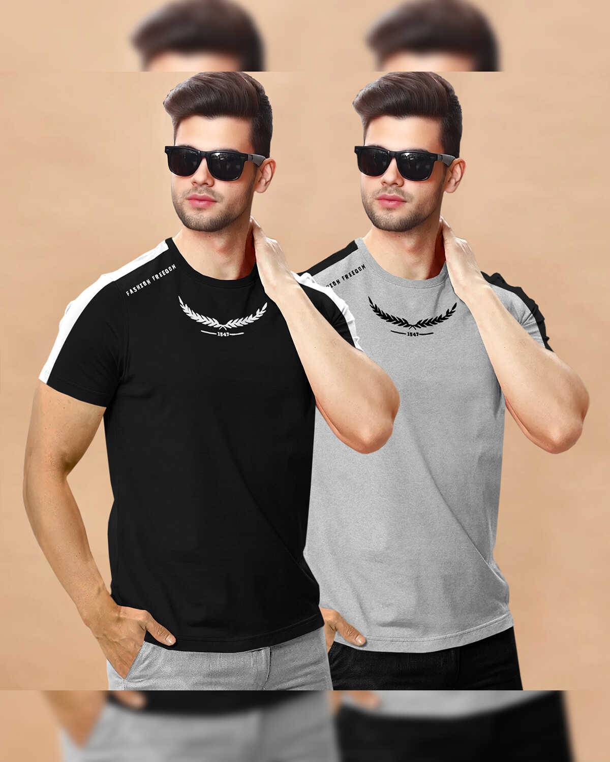 (Pack Of 2) Men Half Sleeve Round Neck Black & Grey Cotton Blend T-Shirt