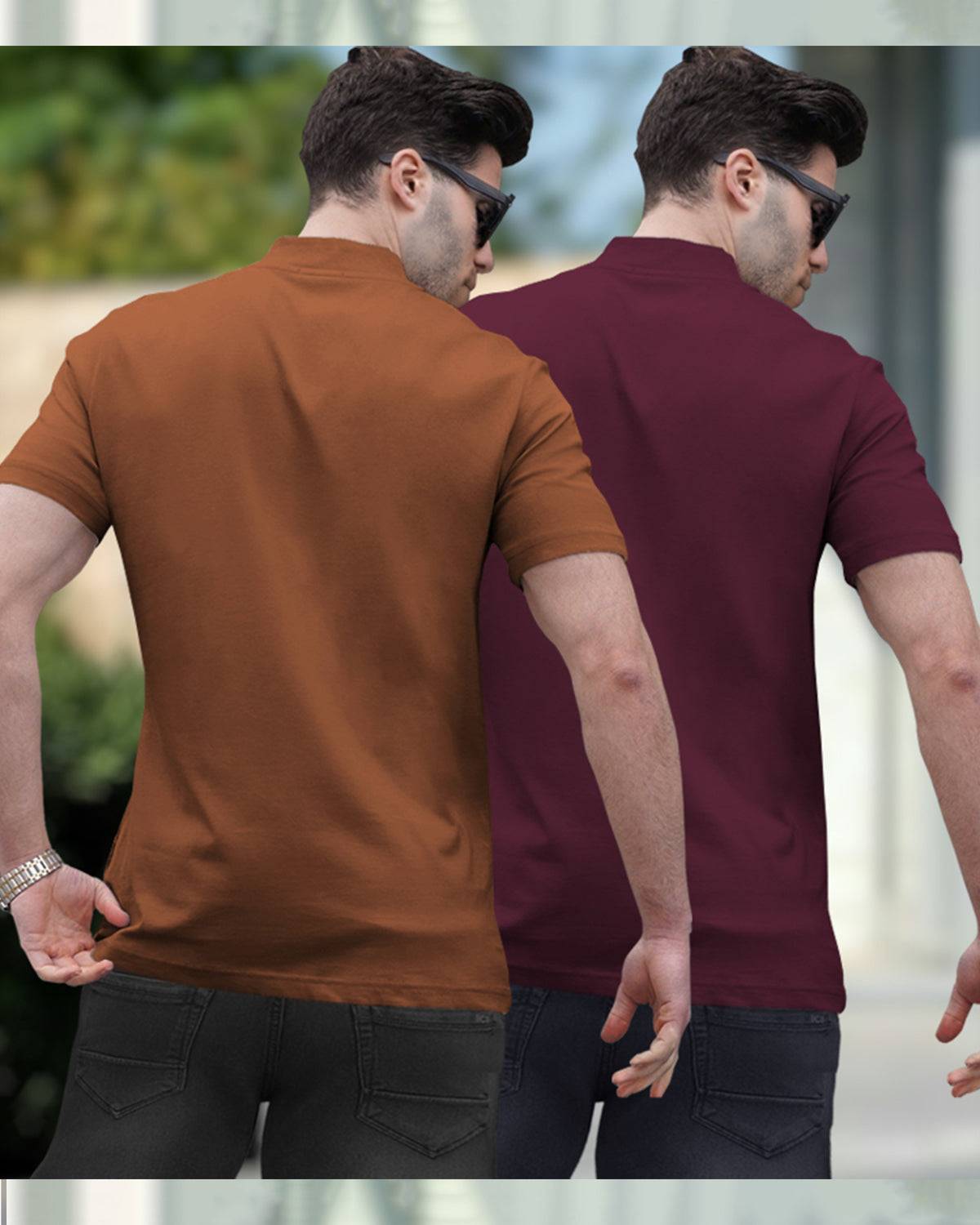 Mens High Neck Half Sleeve Brown & Maroon T-shirts (Pack Of 2)