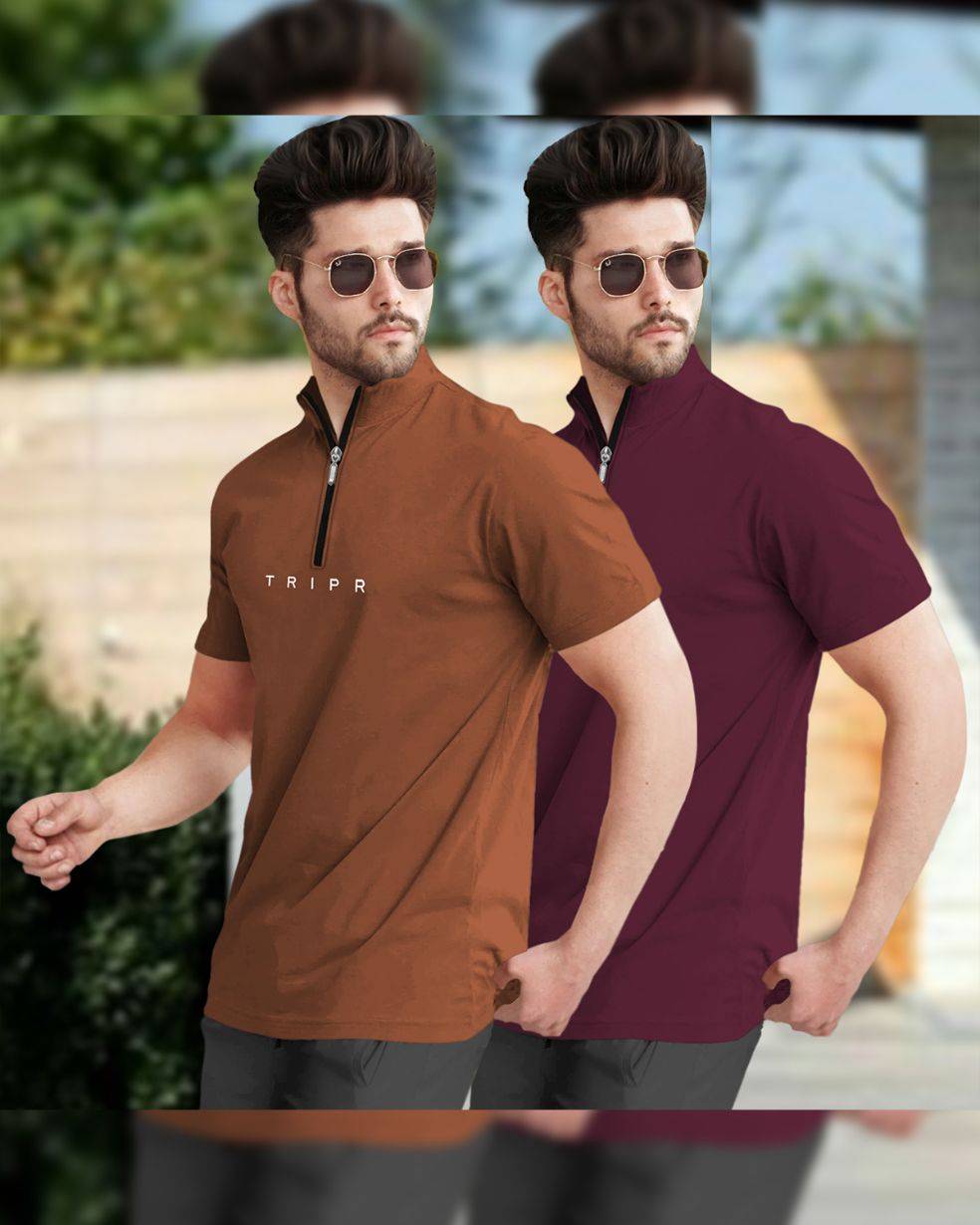 Mens High Neck Half Sleeve Brown & Maroon T-shirts (Pack Of 2)
