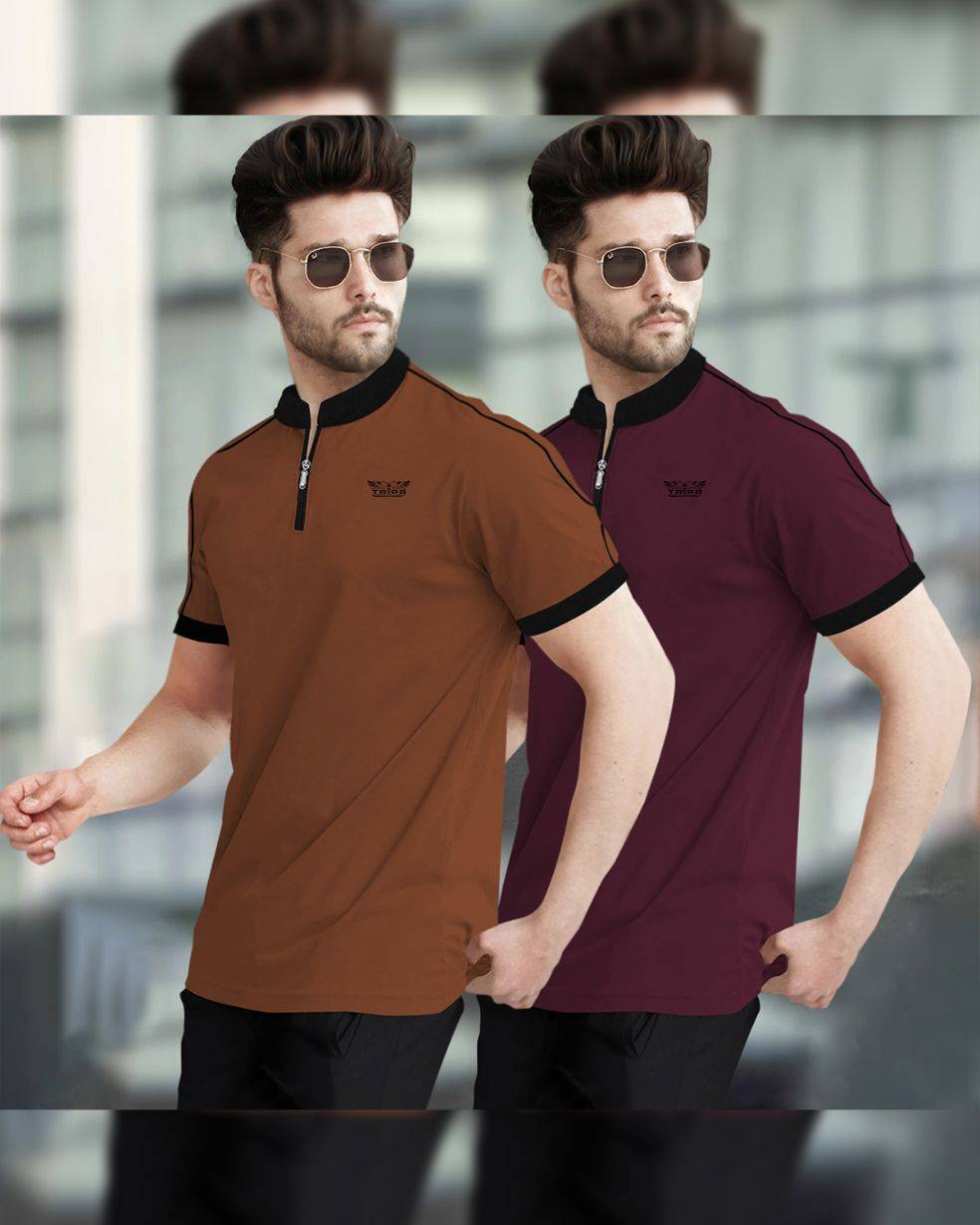 Mens Henely Neck Half Sleeve Brown & Maroon T-shirts (Pack Of 2)