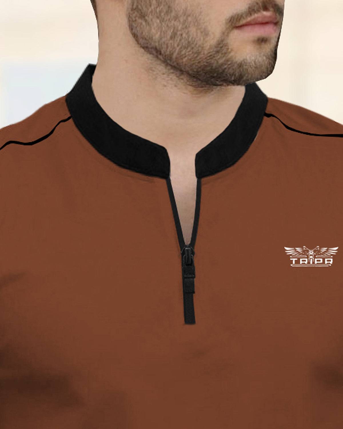 Men Brown Mandarin Collar Full Sleeve Zip Neck T-Shirt