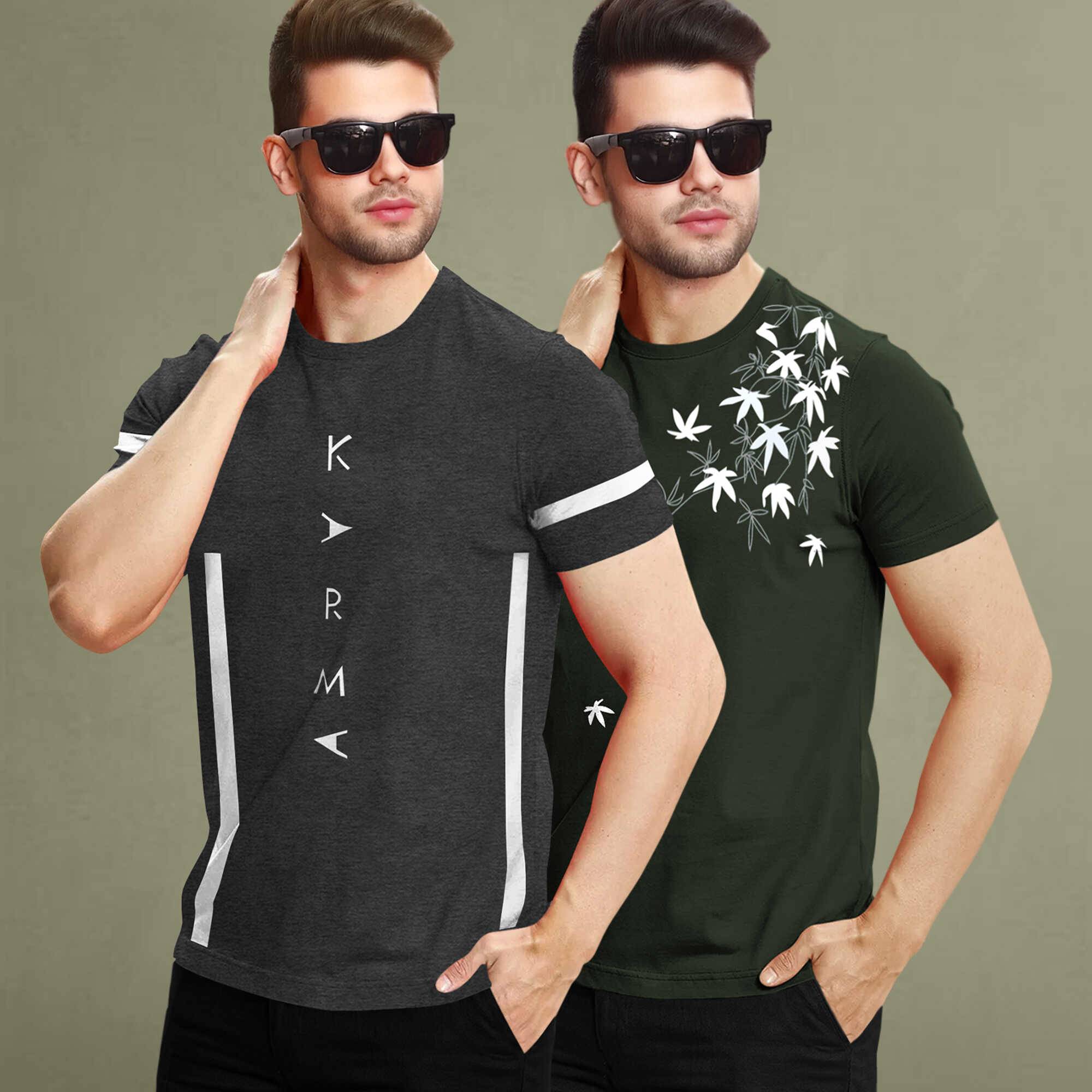 Combo pack Half Sleeve Printed T-shirts charcoal black and olive green