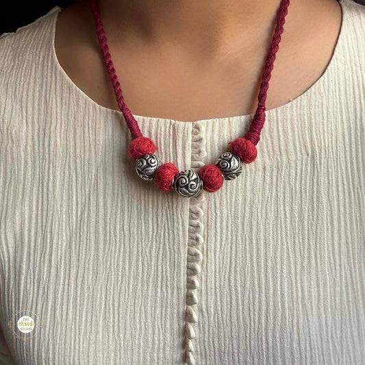 Sterling Silver Chitai Bead  Mahroon Thread Necklace