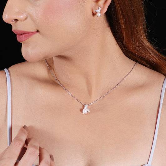 Sterling Silver Sparkling Silver Pearl Whisper Necklace Set