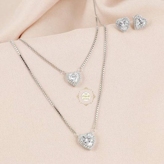 Sparkling Silver Heart Double Layered Necklace with Earring