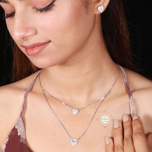 Sparkling Silver Heart Double Layered Necklace with Earring