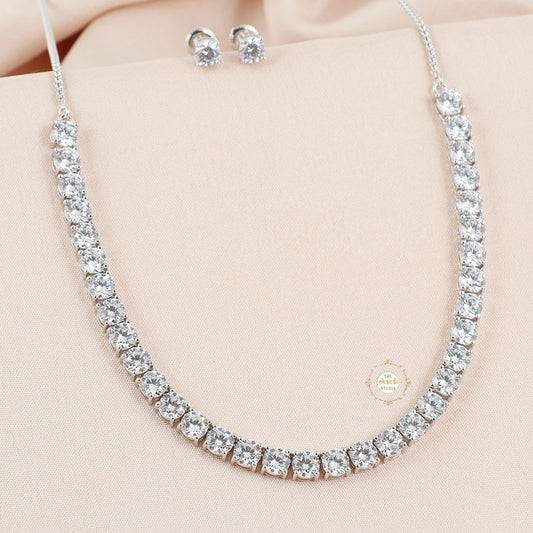 Sparkling Silver Zircon Drape Necklace with Earring
