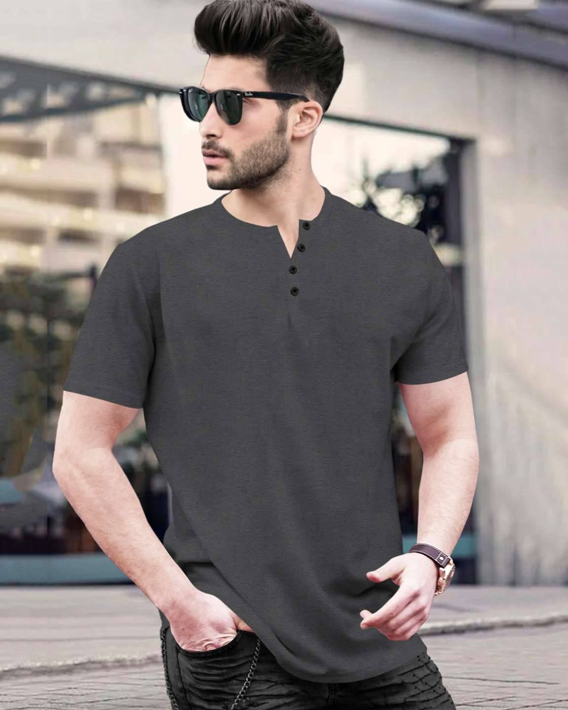 Half Sleeve Dark Grey Henley Neck Plain T-shirt