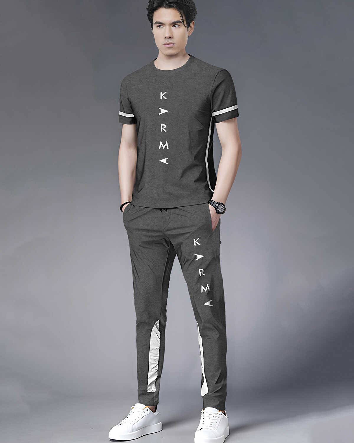 Tracksuit For Men Darkgrey Printed Half T-shirt & Darkgrey Printed Trackpant