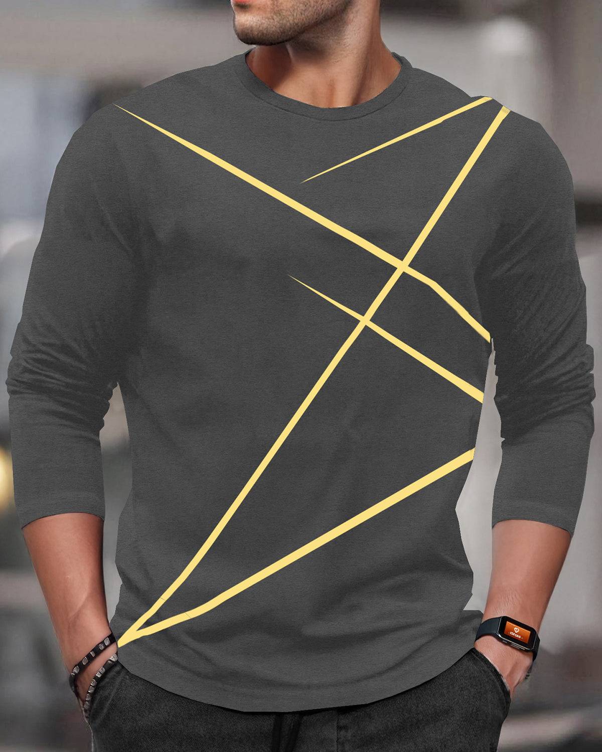 Round Neck Full Sleeve Zig Zag Printed Dark Grey T-shirt