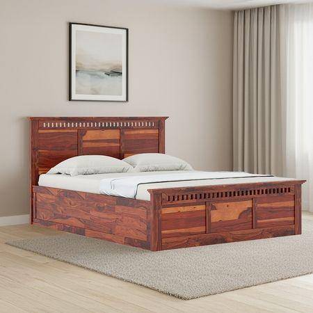Fidora Solid Wood King Size Box Storage Bed In Honey Finish
