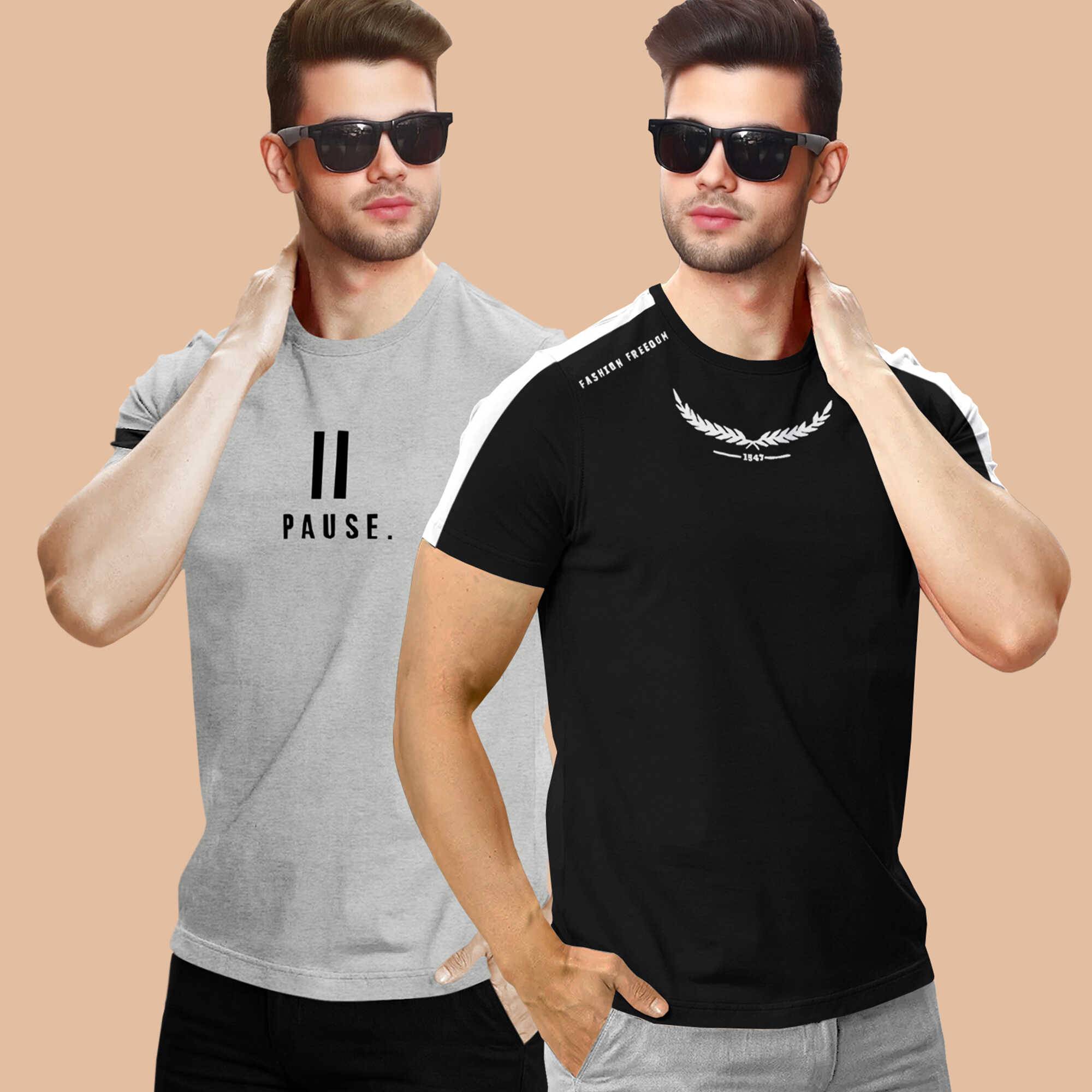 Combo pack Half Sleeve Printed T-shirts grey and blue