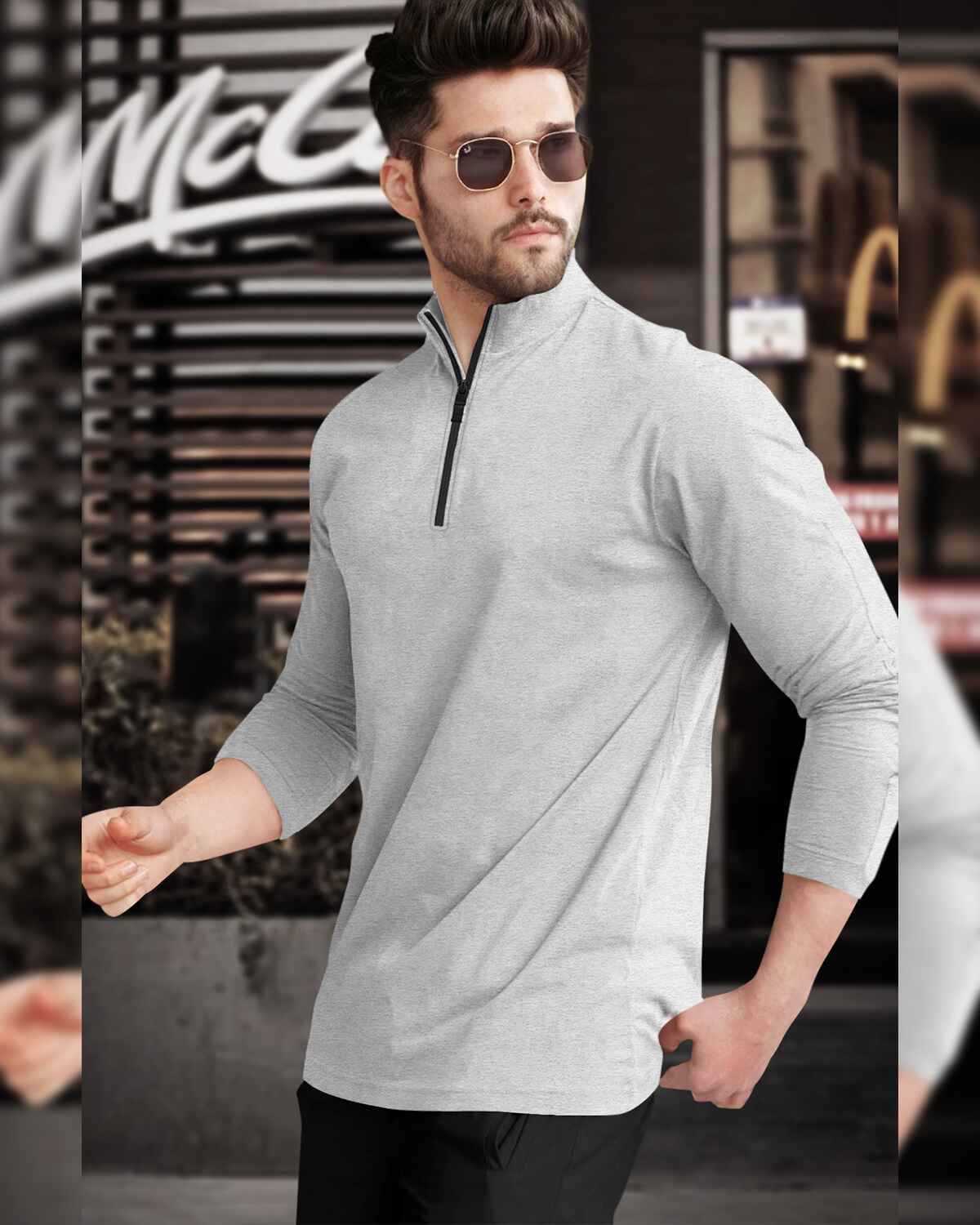 High Neck Full Sleeve Plain Grey T-shirt