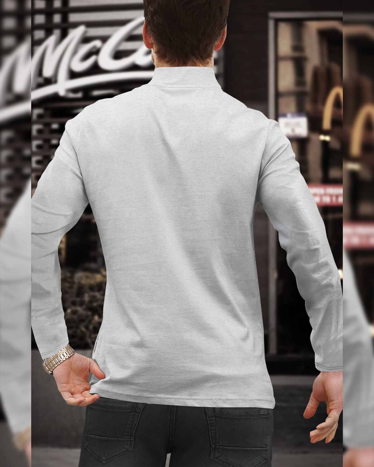 High Neck Full Sleeve Plain Grey T-shirt