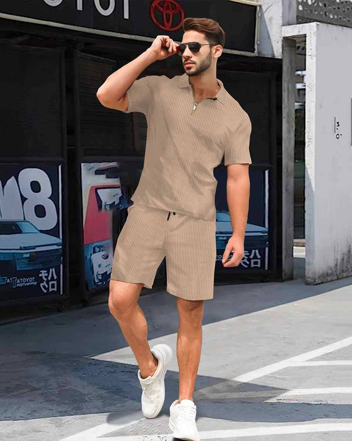 Tracksuit For Men Waffle Polo T-shirt Plain Beige with Plain Waffle Beige Shorts