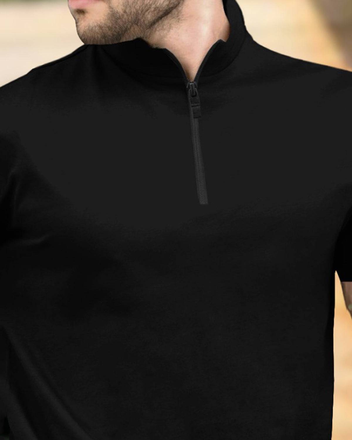 Men High Neck Plain Half Sleeve Black T-shirt